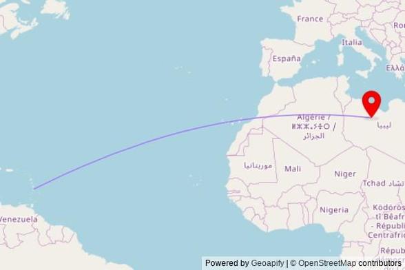 A map showing the great circle route from Rodney Bay in Saint Lucia to a map pin at مسجد القدس بحي ال200, Sabha-Waddan Road, Hun, Libya