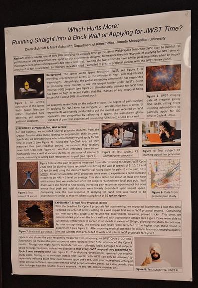 Comedic science poster: "Which hurts more, running straight into a brick wall or applying for JWST time?" ... left on the boards at CASCA 2024