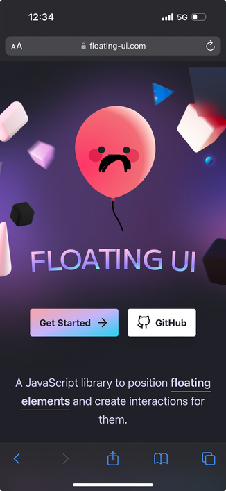 iPhone screenshot of Floating UI JavaScript library https://floating-ui.com where I overpainted an happy face balloon with an unhappy mouth.