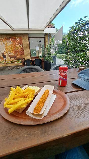 Pommes spezial mit Kipcorn am Tisch einer Snack Bar.