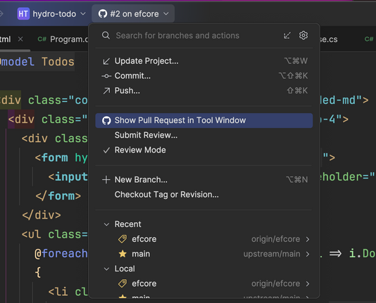 Showing the PR in the VCS dropdown in JetBrains Rider toolbar for a GitHub project.