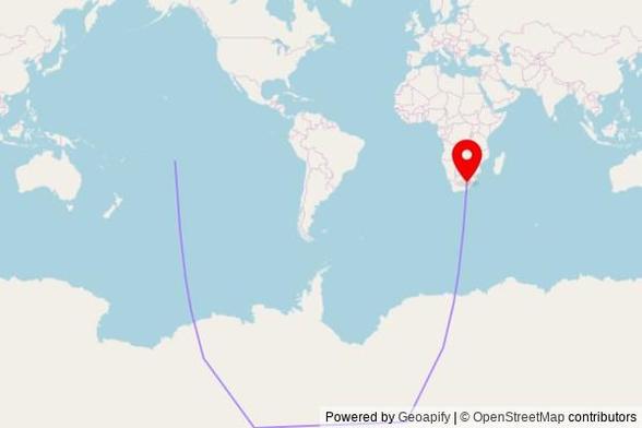 A map showing the great circle route from Papeete in France to a map pin at Anglican church, A2, Mohale's Hoek, Lesotho