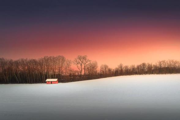 It's a cold late January afternoon in Serbia. The sun is slowly setting and its last rays are shining across the field, illuminating a small red hut under the snow cover. Red, yellow, and orange warm tones are spreading all around in this winter whiteness. Colors in the sky are also in that beautiful tones. Winter has already arrived and brought coldness and whiteness with it. Everything is covered with snow, but not the bare branches of this small forest and bushes, where some animals are looking for a place to hide from the coldness and hunters. There are also hawks on some branches waiting for some prey to appear. Everything is so calm and peaceful. There are no clouds in the sky and it's very cold today but I am still walking through the field in nature because scenes like this are surely worth photographing.

One January late afternoon in Sumadija, Central Serbia. From the Winter Fields collection.