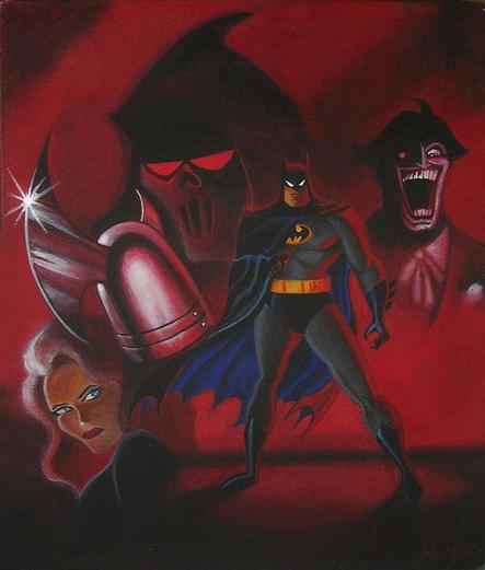 a painting of the characters from the movie batman: mask of the phantasm, batman standing in the center, larger figures of the joker, the phantasm, holding up his blade hand and wearing a skull mask with glowing red eyes, poison ivy underneath him, looking to the right , the joker seen from the chest up, laughing in a crazy way, they are in front of a red background 