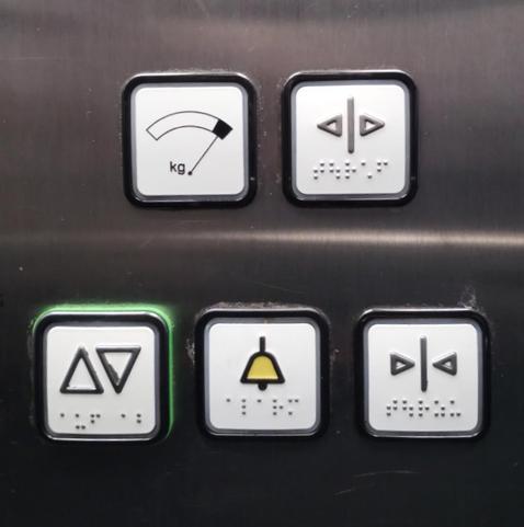 Photo: five buttons in two rows, on the wall of an elevator. Two buttons in the upper row, three buttons in the lower row. They are: 1. Maximum weight exceeded.
2. Open doors.
3. Up Down
4. Alarm
5. Close doors.
Only the last 4 buttons have braille labels.