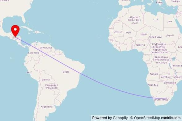 A map showing the great circle route from Mohale's Hoek in Lesotho to a map pin at Iglesia de Potrerillos, Avenida Principal, Potrerillos, Honduras