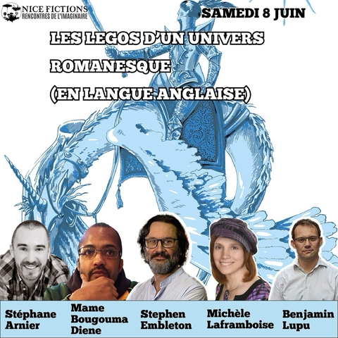 Poster for panel discussion person flying unicorn and 5 headshots of speakers