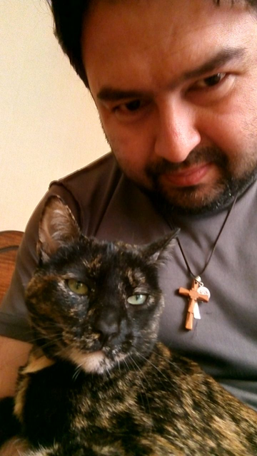 una foro sobre mi gata y yo.  Mi gata ocupa el primer plano y muestra una actitud segura, confiada mirando hacia el frente como si fuera una leona. Yo estoy detrás de ella vistiendo una camiseta de color gris y llevando barba.