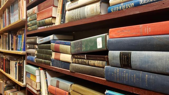 An angled photo of packed bookshelves, featuring numerous hardcover literature anthologies attached in the right-hand foreground, stretching toward a length of paperbacks on the left.