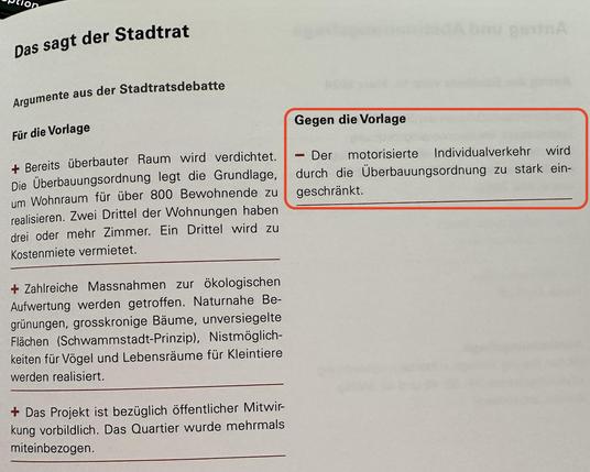 Screenshot einer Zusammenfassungsseite im Abstimmungsbüchlein «Das sagt der Stadtrat (Bern)»
Pro... viele Argumente (und Stadträte)
Conta: Der motorisierte Individualverkehr wird durch die Überbauungsordnung zu stark eingeschränkt. (6 Stadträte)