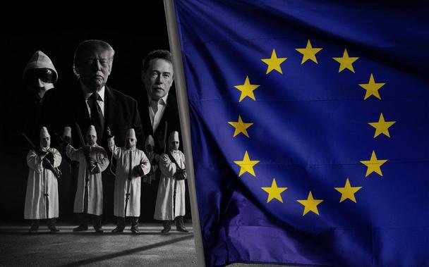 Das Titelbild wurde erneut mit ideogram.ai nach folgendem Prompt erstellt: Create a picture with the bright European flag in the center and on the right side. In the left third of the picture you can see the dark silhouettes of Donald Trump, Elon Musk and people in KuKluxKlan-like robes in the shadows.