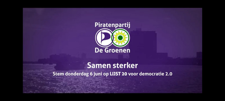 Affiche Piratenpartij - de Groenen, slogan: samen sterker. Stem donderdag 6 juni op lijst 20 voor democratie 2.0