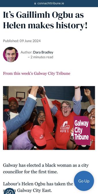 Screenshot from Connacht Tribune, headline reads It's Gaillimh Ogbu as Helen makes history!