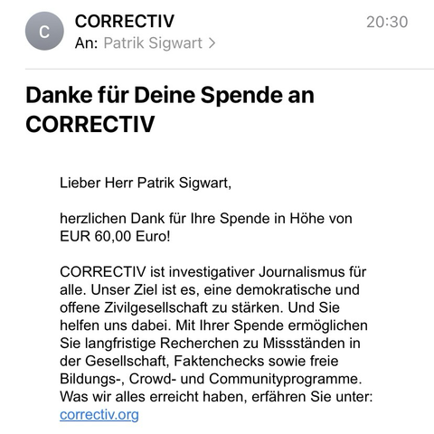 Ausschnitt aus der Bestätigungs-E-Mail für eine Spende an correctiv.org