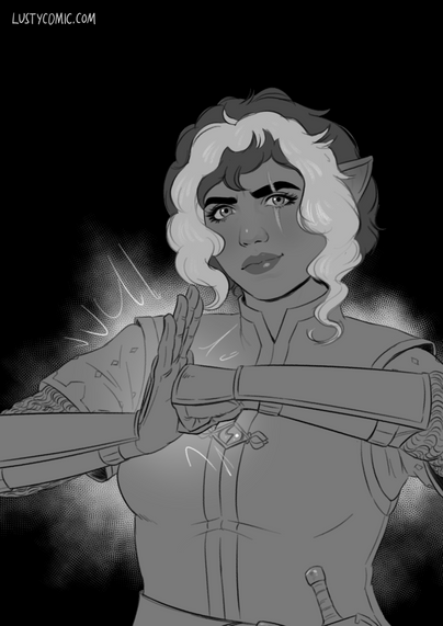 Black and white drawing. A halfling named Belle, stands before you. She is a tough little paladin, and slams her fist into her other hand while staring you in the eye. She has wavy two-toned hair, worn short, and her pointed ears stick out. There is a long scar across her right eye, from her forehead to the middle of her cheek. Belle wears mail armour, a shirt, and a sleeveless jerkin. Gloves protect her hands, and she wears a sword on her belt, the hilt of which can be seen at the bottom of the image. A brooch is upon her breast, with a large stone set in the centre. The stone appears to have a zigzag design on its surface, perhaps a lightning bolt.