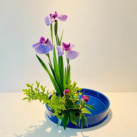 A summery arrangement of irises, mimicking the edge of a pond.