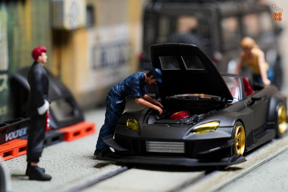 Honda S2000 Race Car, Voltex Time Attack by Micro Turbo in 1:64 scale with 1:64 figure on AREA 164