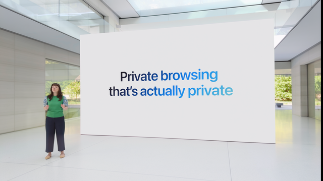Screen cap from WWDC24 keynote showing a woman presenting Safari with a panel that says “Private browsing that's actually private”