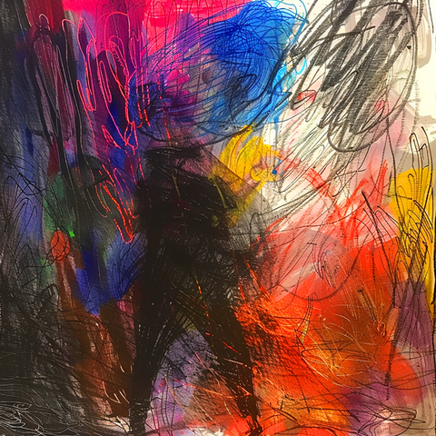 This abstract painting features a chaotic blend of vibrant colors, including red, blue, yellow, and black, with vigorous, energetic strokes. Amidst the tumultuous background, a shadowy figure of a baseball player is visible, poised as if swinging a bat. The canvas is heavily textured, reflecting intense, dynamic movement.
