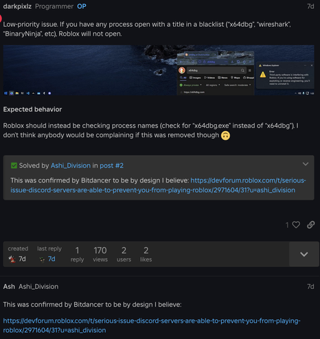 This was confirmed by Bitdancer to be by design I believe: https://devforum.roblox.com/t/serious-issue-discord-servers-are-able-to-prevent-you-from-playing-roblox/2971604/31?u=ashi_division