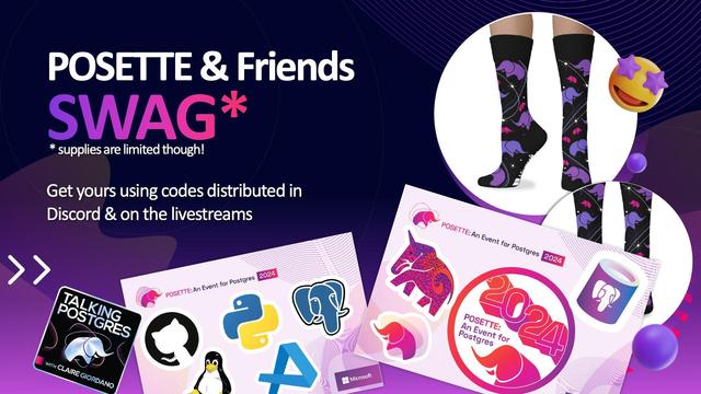 Graphic to announce to POSETTE & Friends that SWAG will be available in the conference with the sticker packs and socks!
