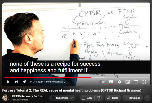 https://www.youtube.com/watch?v=fKZtdT7GPsE
Fortress Tutorial 2: The REAL cause of mental health problems (CPTSD Richard Grannon)

78,101 views  Premiered on 23 Jan 2020  Richard Grannon's Fortress Mental Health Protection
Get Stronger Boundaries - Your Moral Philosophy Will Protect You (Richard Grannon)