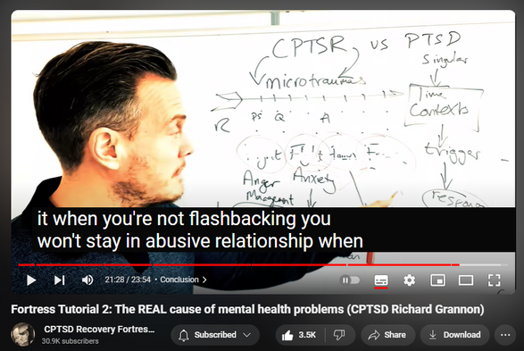 https://www.youtube.com/watch?v=fKZtdT7GPsE
Fortress Tutorial 2: The REAL cause of mental health problems (CPTSD Richard Grannon)


78,101 views  Premiered on 23 Jan 2020  Richard Grannon's Fortress Mental Health Protection
Get Stronger Boundaries - Your Moral Philosophy Will Protect You (Richard Grannon)