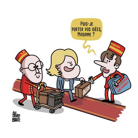 Marine Le Pen arrive sur un tapis rouge. A ses côtés, Ciotti, en livré de groom, pousse un chariot avec des valises sur lesquelles on peut lire "Populisme". Macron, habillé en groom lui aussi, tient déjà une valise "préférence nationale". Il tend la main vers la valise "racisme" que tient Le Pen. - Puis-je porter vos idées, Madame ? 