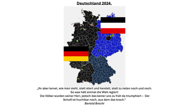 Deutschlandkarte mit den Wahlergebnissen der Europawahl, das Gebiet der ehem. Bundesrepublik ist schwarz, das Gebiet der ehem. DDR blau eingefärbt. Über der BRD eine Flagge Schwarz-Rot-Gold, über der DDR eine Flagge Schwarz-Weiß-Rot.