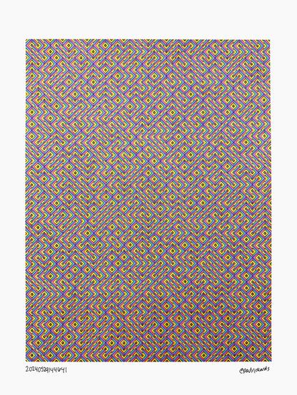 A pen plot of concentric left and right diagonal lines of tightly packed CMY strokes, giving the look of something woven.
