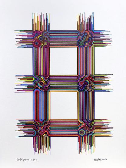 A pen plot of concentric overlapping arcs in grouped in a 2x3 grid. Internally the groups are interconnected and around the perimeter the groups end with random length strokes that look like loose threads or tassels. The strokes are comprised on CMYK pen strokes and overlap and mix to create many colors that stretch from one group to another.