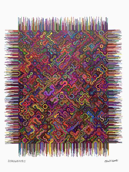 A pen plot of Truchet tiles of overlapping, concentric arcs in a large portrait orientation grouping, swirling around the page in primary CMYK inks but mixing to create secondary colors. The four sides of the group extend beyond in random lengths like tassels.