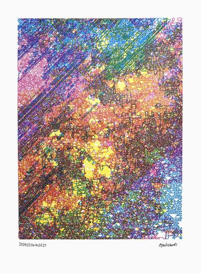 A colorful abstract pen plot of elementary cellular automata, overlapping and streaking diagonally down the page in CMY ink strokes. There are lots of small triangles created from various automata. There are patches of deep magenta, green, blue, and yellows.
