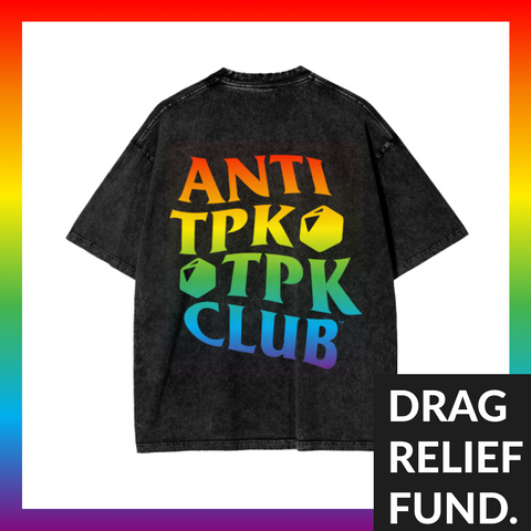 Back of limited edition 2024 Pride collection Anti-TPK Club shirt with large logo that is colored with a rainbow gradient.