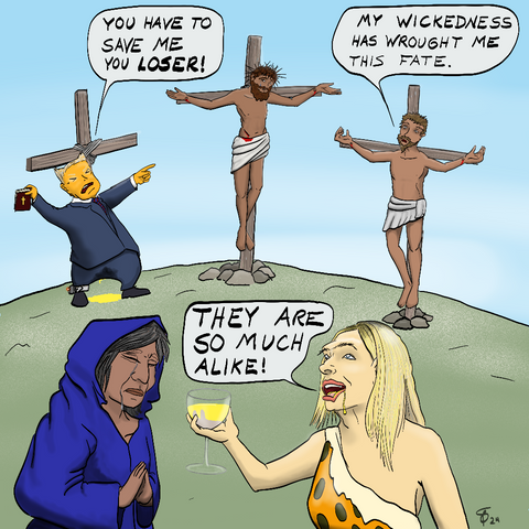 A depiction of the crucifixion.  Jesus is on the center cross, head bowed to the man suffering the same fate to his right.  This man, The Penitent Thief says, "My wickness has wrought me this fate."  The contemptuous little orange man on the other side stands in front of his cross with a leg bracelet, awkwardly holding a bible and screaming, "You have to save me loser!" as he gestures at Jesus.  His pants are wet, a fear filled yellow puddle beneath him.

In the foreground a woman on the left, head covered and bowed, hands held up in prayer.   Next to her a neaderthal-browed  bleach blonde Majorie Taylor Green holds a wine glass of yellow liquid in delight, more of it dribbling down her chin as she exclaims, "They are so much alike!"  of her MAGA Jesus Trump.