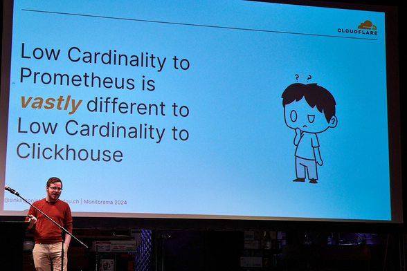 Colin Douch in front of a slide that says “Low cardinality to Prometheus is vastly different to low cardinality to clickhouse”
