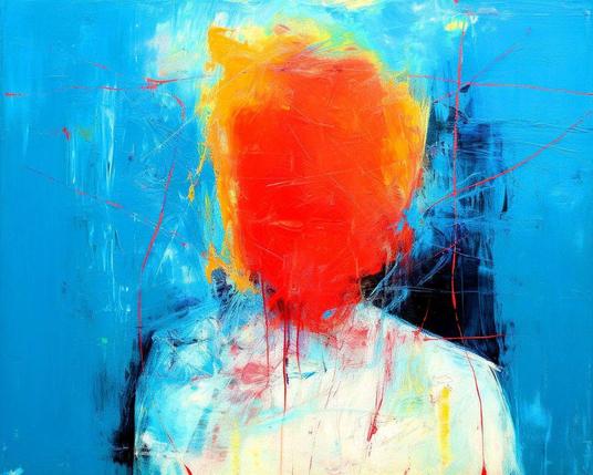 This abstract painting features a vibrant blue background with a large, fiery red and orange mass at the center, representing the head of a baseball player. The figure's body is suggested with lighter, more subtle strokes, blending into the background. The artwork is characterized by bold, sweeping lines and dynamic splashes of color, evoking a sense of motion and intensity. The abstract nature leaves much to the viewer's interpretation, capturing the energy and passion of the sport.