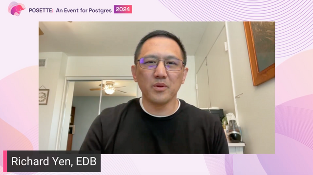 Screenshot of Richard Yen's talk at POSETTE: An Event for Postgres 2024