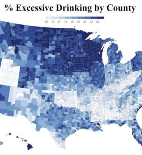 A US map showing the amount of excessive drinking by county. Wisconsin stands out as a state with notable excessive drinking.