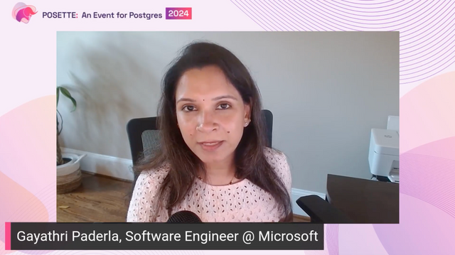 Screenshot of Gayathri Paderla's talk at POSETTE: An Event for Postgres 2024