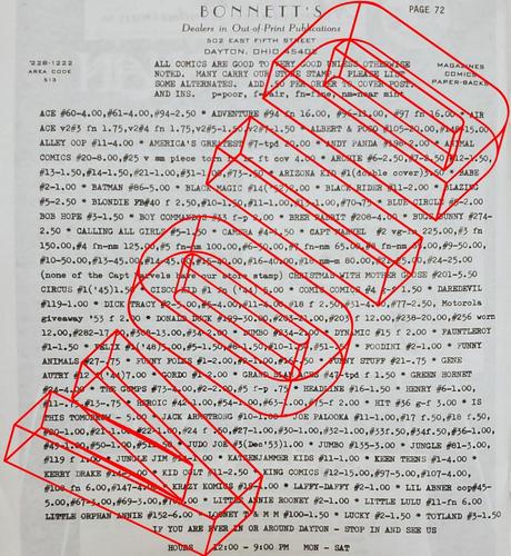 Large red hollow wireframe three-dimensional block letters declare "VOID" the contents of an expired full-page, typed, black and white mail-order listing of dozens of Golden-Age comics, offered for sale in the 1970s at "Bonnett's – Dealers in Out-of-Print Publications."