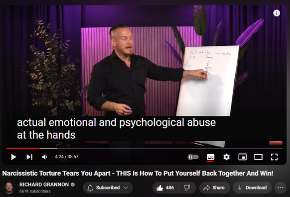 https://www.youtube.com/watch?v=gytUdLbsX_c
Narcissistic Torture Tears You Apart - THIS Is How To Put Yourself Back Together And Win!

4,042 views  Premiered 5 hours ago
🔴 Buy a New Course: Narcissistic Matrix - Reintegration
https://members.richardgrannon.com/na...