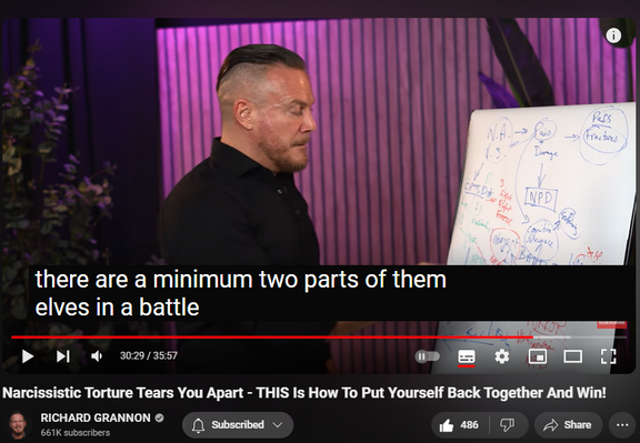 https://www.youtube.com/watch?v=gytUdLbsX_c
Narcissistic Torture Tears You Apart - THIS Is How To Put Yourself Back Together And Win!


4,042 views  Premiered 5 hours ago
🔴 Buy a New Course: Narcissistic Matrix - Reintegration
https://members.richardgrannon.com/na...