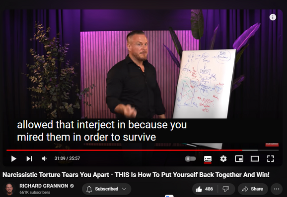 https://www.youtube.com/watch?v=gytUdLbsX_c
Narcissistic Torture Tears You Apart - THIS Is How To Put Yourself Back Together And Win!
4,042 views  Premiered 5 hours ago
🔴 Buy a New Course: Narcissistic Matrix - Reintegration
https://members.richardgrannon.com/na...

📖 Purchase "A Cult of One": https://www.amazon.com/Cult-One-Depro...