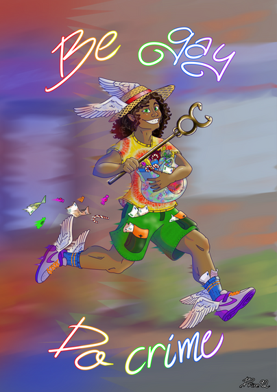 Drawing of Hermes running fast, his kerykeion staff in his hand and a bag of stolen sweets in his arms. A bunch of euro notes is stuffed into his pockets and socks. He is losing a small trail of sweets and euro notes. He is dressed in the Pride colours of the rainbow, wearing a straw hat with a red band, a yellow t-shirt with a red pattern on it, orange shoe laces and pockets on his green shorts and orange stripes on his blue socks. His shoes are purples sneakers. Above and below the figure of …