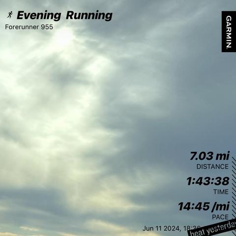 Evening run summary with distance 7.03 miles, time 1:43:38, and pace 14:45 min/mile displayed against a cloudy sky. Todays date/time, "Forerunner 955", “beat yesterday”, and "Garmin" text present. Conversion: distance: 11.31km, pace: 9:10/km