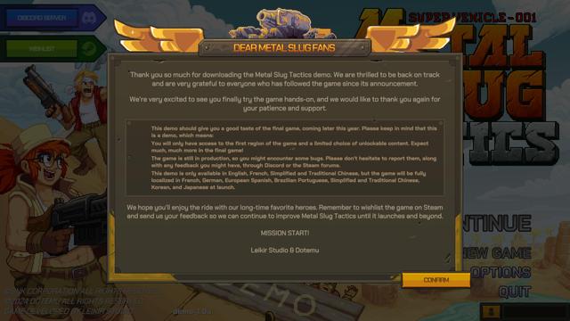Message from the developers of the Metal Slug Tactics game.