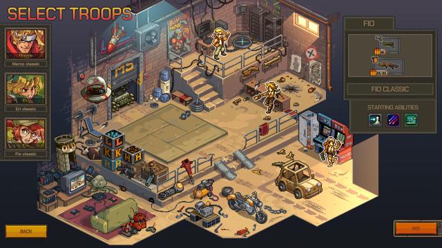 The Barracks of Metal Slug Tactics with the characters in an area that looks like a garage with machines and equipment.