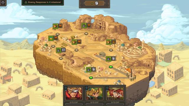 The overworld map in Metal Slug Tactics showing locations as dots connected by roads that the player can go to. Similar to the overworld map of games like Super Mario World.