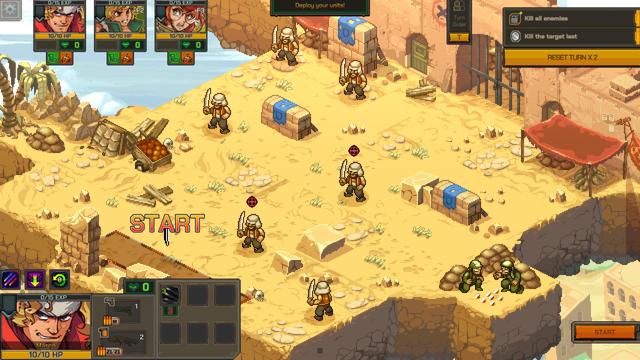The map/location for a mission in Metal Slug tactics. Isometric view with players moving via a square grid.